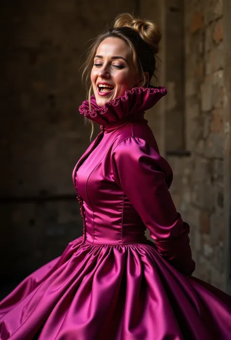 (realistic photograph close up pov high sideways victorian), (a big bust slender waist pleased beautiful orgasm looking kneeling lady with (messy hair bun)), (she is wearing (an exaggerated elaborate shiny fuchsia silk high neck dress with (long extremely ...