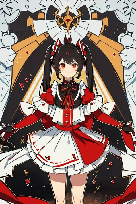  1 Beautiful Girl　Shows up to the waist　 black hair　 black hair　 long hair 　 Twin Tails 　Red eyes　Bouncy Smile Yellow and White Sweet Lolita Outfit