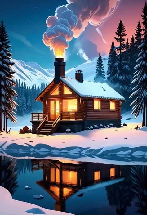 A futuristic snowy winter wonderland landscape, snow-covered pine trees, a frozen lake, a cozy log cabin, steam rising from the chimney, snowfall, warm lighting, atmospheric, serene, peaceful, (best quality,4k,8k,highres,masterpiece:1.2),ultra-detailed,(re...