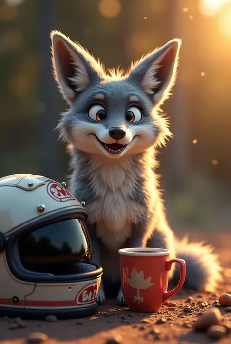 Happy gray coyote smelling a good smoky cup of Coffee.
The coyote is next to a motorcycle helmet