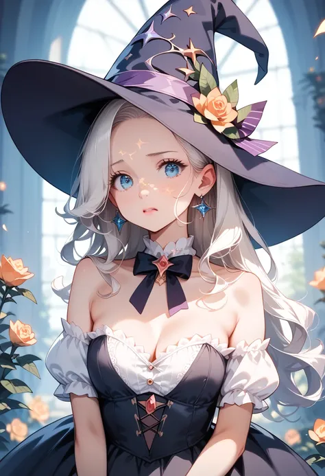 ((masterpiece, best quality, ultra detailed, high resolution, detailed facial description)), (1 girl), (witch costume, witch hat, black dress, white blouse, strapless), (long hair), (confusion), (fantasy world view, Enchanted Libraries)