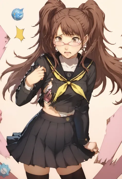 Kujikawa Rise, 1girl, solo, long hair, skirt, brown hair, thighhighs, long sleeves, twintails, brown eyes, school uniform, black shirt, pleated skirt, black skirt, earrings, glasses, pink frame eyewear serafuku, black thighhighs, yellow neckerchief, yasoga...