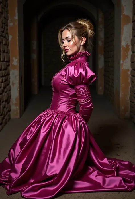 (realistic photograph close up pov high++ sideways victorian), (a big bust slender waist pleased beautiful orgasm looking kneeling lady with (messy hair bun)), (she is wearing (an exaggerated elaborate shiny fuchsia silk high neck dress with (long extremel...