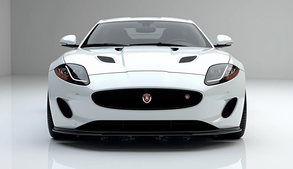 create an ultra-detailed 3D render of a modern, close-up(front) view of 2025  jaguar xk with a bold design. The car should feature a(white)  color with a jaguar logo on its l (front), and sleek taillights . The body should be wide and expanded in glossy wh...