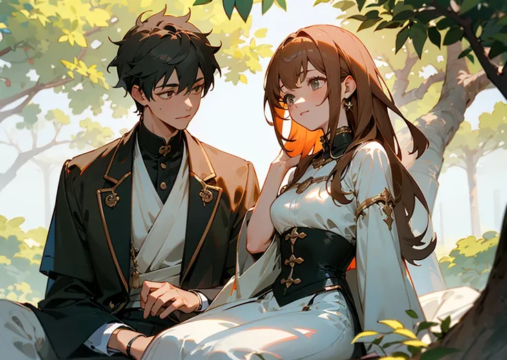 ((best quality)), ((masterpiece)), (detailed), 1girl, 1boy, sitting under a camphor tree, leaning on the tree behind them, enjoying each others company, waist up, close up.