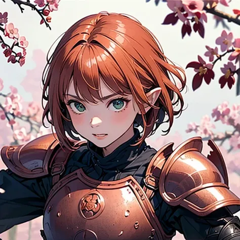 Male samurai, photoreaistic, fair skin, 32 years old, (((short copper hair))), green eyes, black eyeliner, pointy ears, strong, fit. (((Wearing full armor))) (((black samurai armor))).  Cherry blossoms background. High angle view.