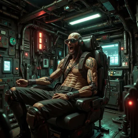 Mud Cockpit、cyberpunk, Futuristic Suit、The gauge lights up、Helmet、Look diagonally upwards and shout、Upper Body、Masterpiece、Highest quality、Shooting with a wide-angle lens。robot pilot , raging , anorexic young keanu reeves with beard hungry young and face t...