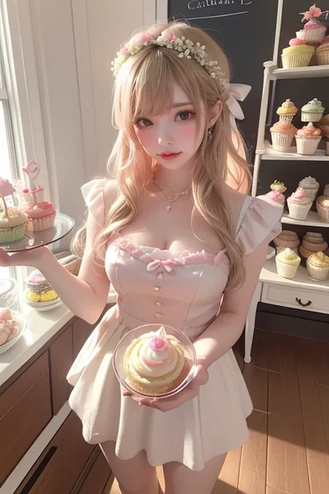 masterpiece,  Highly Detailed , (Mini:1.3), , (1girl), blond, pastel colors,  Comfortable Atmosphere Wreath ,  dessert display cabinet , Macaroon, cupcake, Egg Tart, cake, Coffee machine , blackboard menu,  natural lighting ,  glass jar full of candy,  fog...