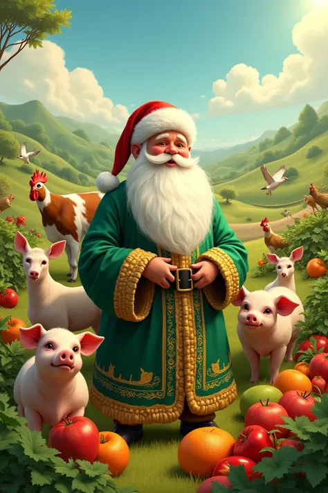 Vegan Santa Claus with vegetables and fruits and many animals cows pigs chickens dogs cats birds with summer heat sun background 