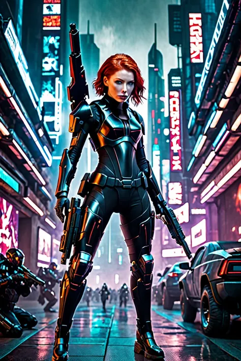 Movie poster of a redheaded female assassin with cybernetic arms and black combat suit the back found should be a cyberpunk futuristic dystopian london