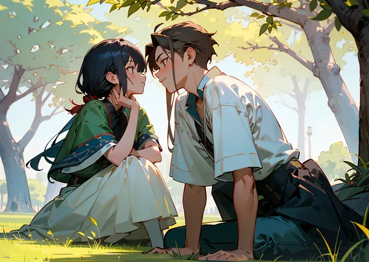 ((best quality)), ((masterpiece)), (detailed), 1girl, 1boy, boy with short hair tied in a half up hairstyle and girl with long hair, sitting on the grass under a camphor tree, leaning on the tree behind them, enjoying each others company, waist up, close u...