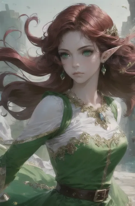 Elf female, ultra high resolution, ((masterpiece))), (((best quality))), ((super detailed)),  ((extremely delicate and beautiful)),cinematic light, detailed environment(real), ((red hair, floating hair:1.1)), green eyes, photoreal, wearing green dress, ins...