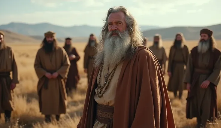 image showing a distinguished gray-haired elderly gentleman, long hair and beard, wearing good biblical clothes, accompanied by his eight male ren interacting discreetly, biblical plain in the background