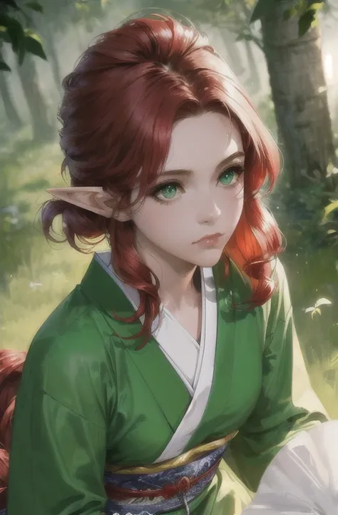 Elf female, ultra high resolution, ((masterpiece))), (((best quality))), ((super detailed)),  ((extremely delicate and beautiful)),cinematic light, detailed environment(real), ((red hair, floating hair:1.1)), green eyes, photoreal, wearing green japanese d...