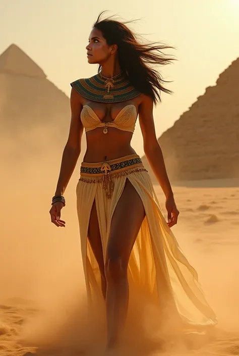  An exuberant and extremely sexy and semi-naked Nefertari,  wearing a very revealing Egyptian dress  (open completely ) ,without any underwear,  shows her breasts visible  (underboob)  and partially their vagina , Walking in a desert, with the pyramids ,  ...