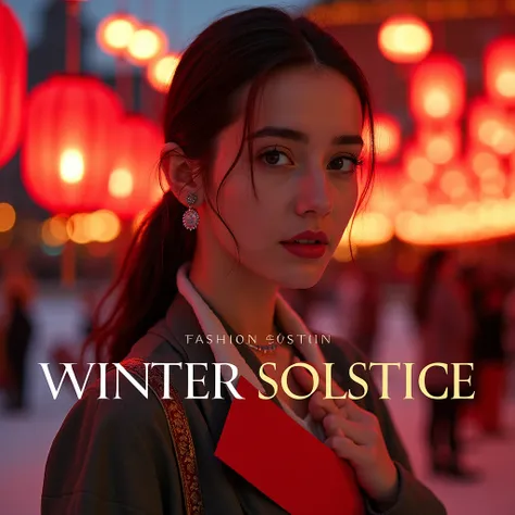 The image features a young woman, a fashion influencer, posing in a serene and atmospheric setting. She stands in front of a traditional Chinese lantern festival, surrounded by glowing red lanterns and subtle hints of firecrackers in the background, symbol...