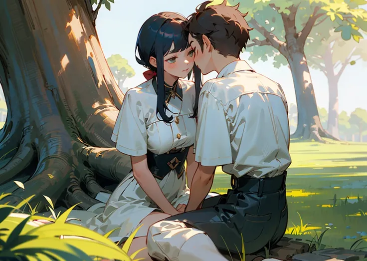 ((best quality)), ((masterpiece)), (detailed), 1girl, 1boy, boy with short hair tied in a half up hairstyle and girl with long hair, sitting on the grass under a BIG CAMPHOR TREE, leaning on the tree behind them, enjoying each others company, WAIST up, clo...