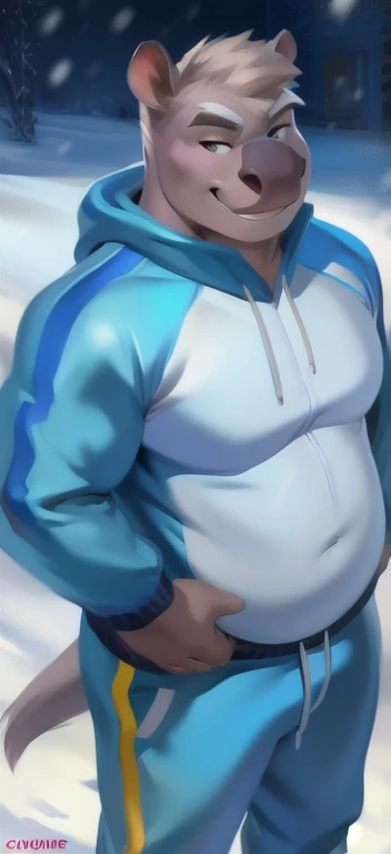 Solo,big man​, huge​ body​,​standing​, snow ,hippo koala , ice blue Tracksuit soldier , overweight, muscular,Smirking evil ,yandere, by chunie