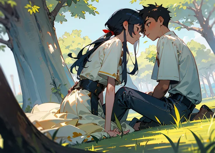 ((best quality)), ((masterpiece)), (detailed), 1girl, 1boy, boy with short hair tied in a half up hairstyle and girl with long hair, sitting on the grass under a BIG CAMPHOR TREE, leaning on the tree behind them, leaning on each other, relaxing, enjoying e...