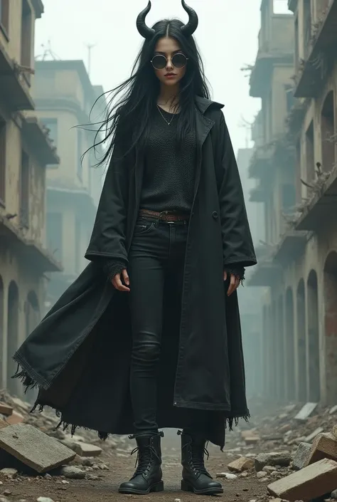  Adult Woman , three meters tall ,  in round glasses with black lenses,  in a black old cloak  , black jeans ,  long black hair,sweater, boots,white skin, realistic,  shaggy , stands against the ruins of the city ,demon horns, In detail