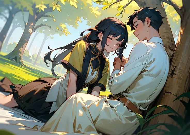 ((best quality)), ((masterpiece)), (detailed), 1girl, 1boy, boy with short hair tied in a half up hairstyle and girl with long hair, sitting on the grass under a BIG CAMPHOR TREE, leaning on the tree behind them, leaning on each other side by side, relaxin...