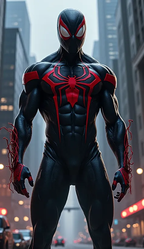 Spider-Man With Venom Suit Standing Cool, Accurate, Award Winning, Best Quality, Textured Skin, Motion Lines,