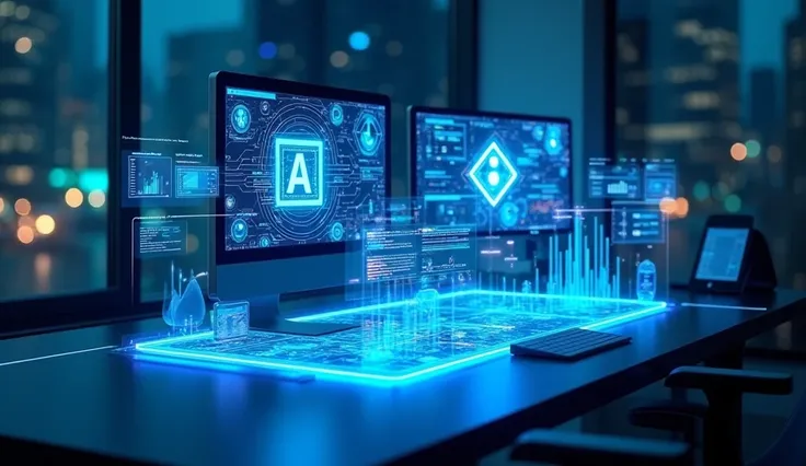 Create a visually stunning and professional image featuring a futuristic desk setup with multiple holographic screens displaying AI tools and creative designs. The scene should include vibrant, glowing elements like an AI chip, digital art, and graphs repr...