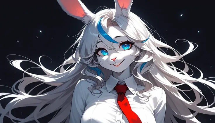 core_9,score_8_up,score_7_up, source_furry, ( bunny, Anthro furry bunny girl, adult female, ) , beautiful anthropomorphic white bunny woman, she has long white curly hair, white hair with blue highlights at their tips, and blue eyes, fine white fur, white ...