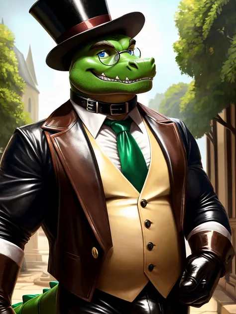 Solo, close up, Male, fat, extremely obese, gentleman, dapper Magician Brok the Alligator, blue eyes, wearing a top hat, wearing a glossy leather collar, wearing the leather collar and necktie at the same time, (posing:1.3), (soft shading), 4k, hi res, ((d...