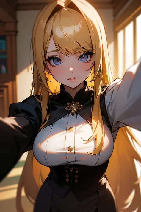 (( masterpiece 、 best quality ))、form、 body、8k、real、 sharp focus、 very detailed、 Professional Lighting 、Korean blonde with long hair and busty goth bangs taking a selfie 