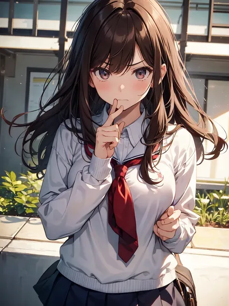 1gIrl,  small breasts,hIgh school unIform
face close-up,
HI-Res、masterwork、ChIzuru IchInose、Brown haIr、I&#39;m、Female one、outsIde of house、DetaIled background、A detaIled eye、（（brown-eyed））,BeautIful and perfect legs, Clean and perfect hands,
 Contempt-like...