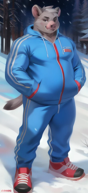 Solo,big man​, huge​ body​,​standing​, snow ,pig koala , ice blue Tracksuit soldier , overweight, muscular,Smirking evil ,yandere, by chunie