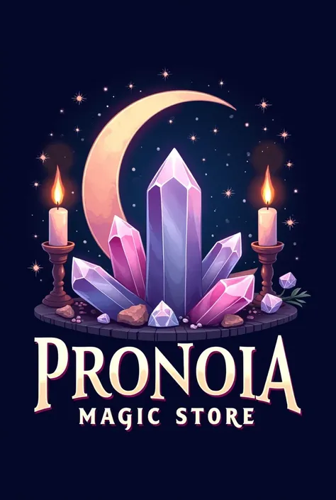 You could generate a logo , in square image format ,  for an esoteric store ,  with elements such as a crescent moon and quartz, candles and stars ,  Under the name  "Pronoia Magic Store ",  adding lilac and pastel pink colors .