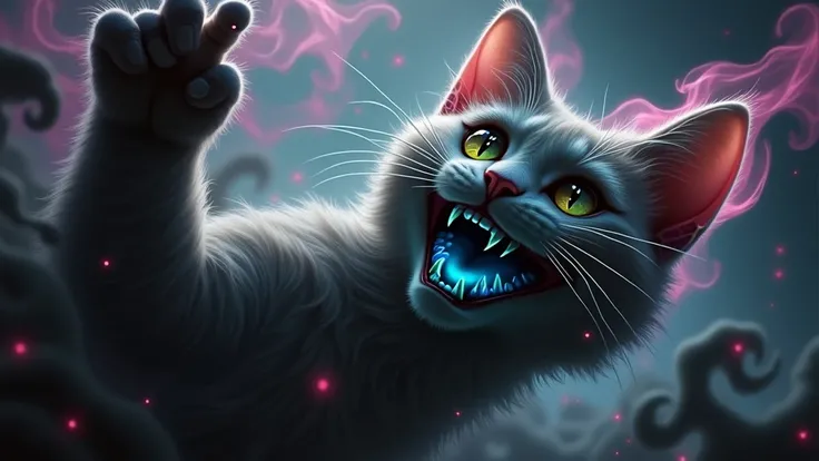  Head of a mystical cat and floating amidst dense purple and black smoke, with a wide smile, mischievous and slightly sinister ,  revealing shiny neon blue teeth .  Hypnotic and penetrating eyes in yellow and green ,  radiating a mysterious aura .  The set...