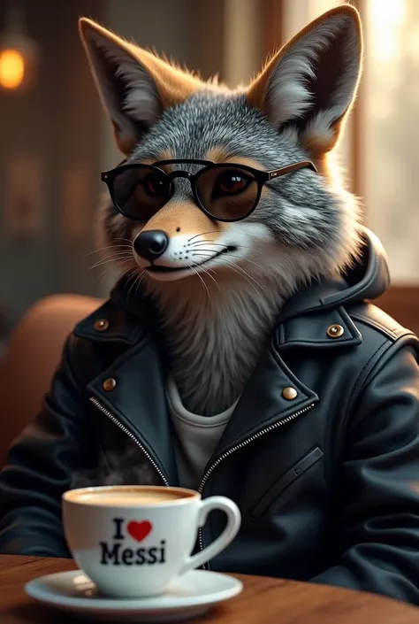 Happy gray coyote enjoining a good SMOKY cup of Coffee.
The coyote is wearing a black leather jacket and sunglasses.
The cup has the text "I ♥️ MESSI"