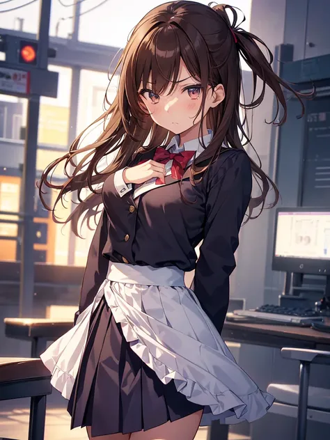 1gIrl,  small breasts,hIgh school unIform
face close-up,
HI-Res、masterwork、ChIzuru IchInose、Brown haIr、I&#39;m、Female one、outsIde of house、DetaIled background、A detaIled eye、（（brown-eyed））,BeautIful and perfect legs, Clean and perfect hands,
 Contempt-like...