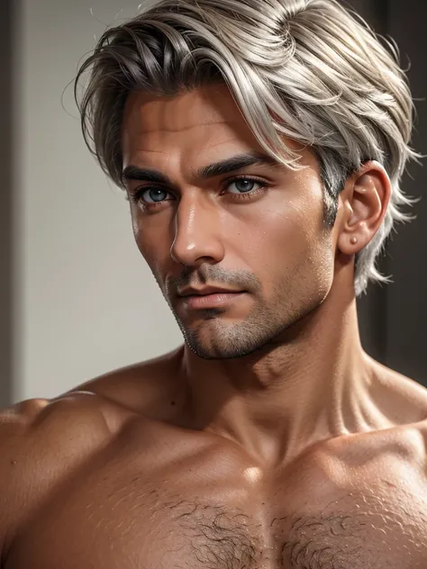 (best quality), 1boy, mature man, tanned skin, silver hair, medium hair, hair loosely combed back, brown eyes, perfect eyes, muscular, handsome, cold expression, briefs, clean shaven face, masterpiece, anatomically correct, highres
