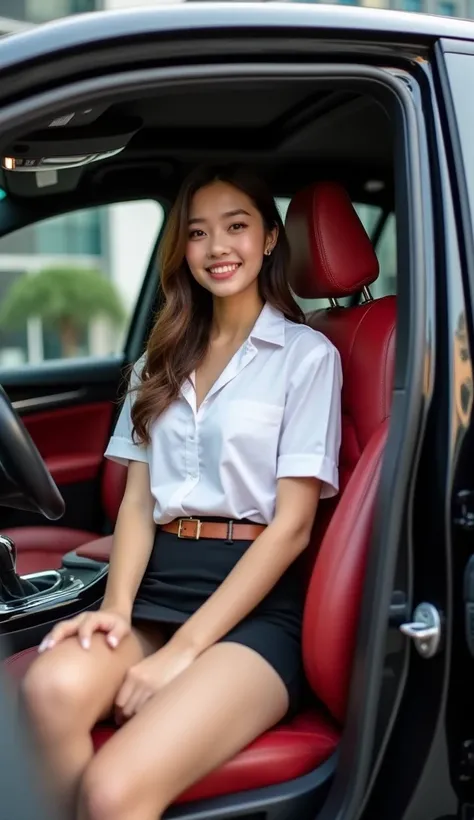 This high quality full body shot captures a 20 year old Thai woman with long wavy brown hair and fair skin, a warm smile. She is wearing a white short sleeved shirt that is unbuttoned to reveal her breasts, a brown belt, and a short black pencil skirt with...