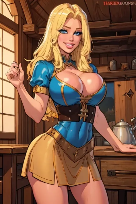 (masterpiece, best quality:1.2) thepit, 1girl, solo, Jenny Summers, medieval times, blonde, long hair, big , cleavage, blue eyes, milf, smile, poor, brown dress