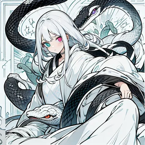 Silver Hair,juvenile, Pure White Robe ,Cunning , Greed ,Half man, half snake,Heterochromia,Vertical pupil,blacksnake