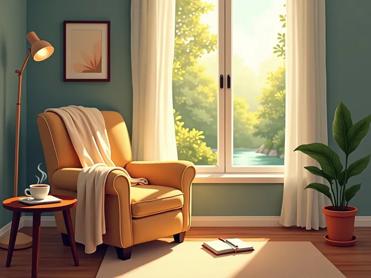 "Illustrate a serene and cozy living space with a comfortable armchair near a large window overlooking a peaceful natural landscape. A soft throw blanket drapes over the chair, and a steaming cup of tea or coffee rests on a small side table beside a journa...