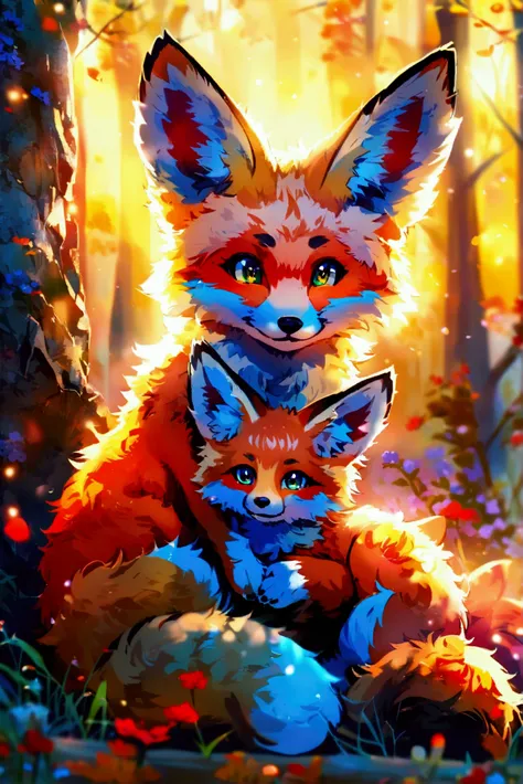 anime, furry fox and fennec ,  cuddle near sunset 