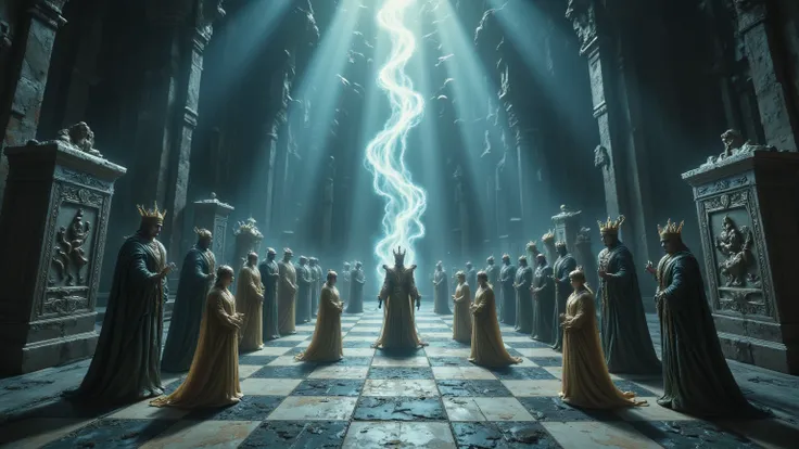 Imagine  a chess board but in place of pieces, real living kings, real living queens, real living bishops, real stone towers for the rooks, etc. They are arranged for the start of a game.