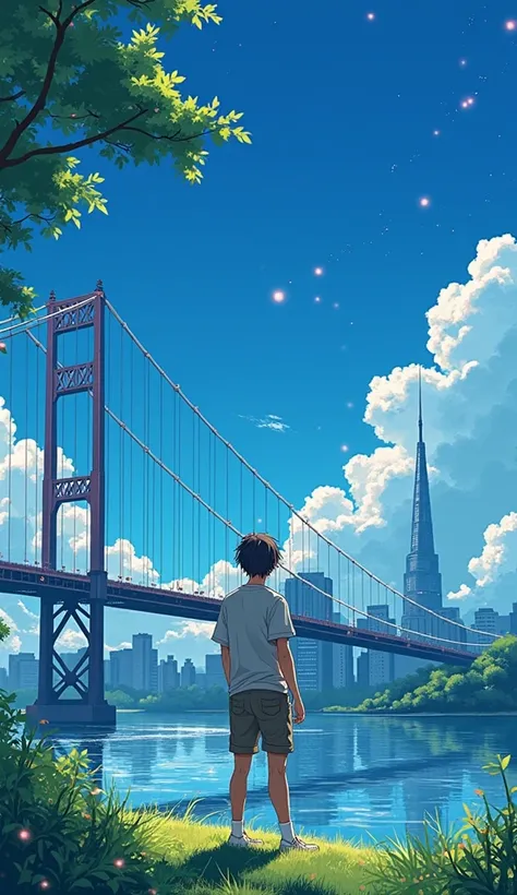 anime illustration of A visually stunning and vibrant cityscape under a bright, clear blue sky filled with soft, fluffy white clouds. In the foreground, a young man stands confidently on a grassy riverbank, facing the city skyline in the distance. He is dr...