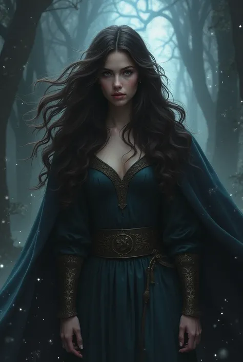 "Design a dark, fantasy romance book cover with the following characters:
1. Olivia – A beautiful young woman with long, flowing dark brown hair, standing in the center. She has an ethereal presence and is wearing a simple cloak over her royal attire. She ...