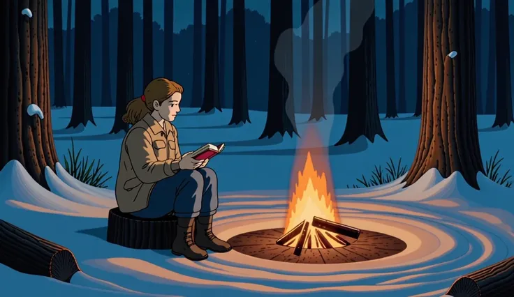  A hut in a snowy forest .  An 18-year-old girl is alone on a campfire at night.  Wavy blonde hair and blue eyes .  Warm and comfortable clothes .  bright atmosphere .  A girl is sitting on a tree stump . Reading a book with one hand .