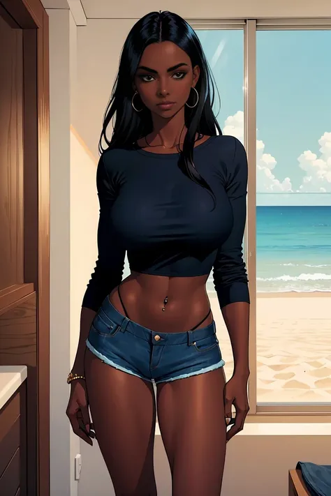 Dark-skinned young woman in a blue shirt, long black hair, luxury beach themed home interior and denim short shorts, fully body, sexy girl, naval piercing 