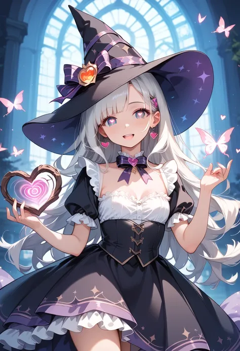 ((masterpiece, best quality, ultra detailed, high resolution, detailed facial description)), (1 girl), (witch costume, witch hat, black dress, white blouse, strapless), (long hair), (heart-shaped pupils:1.2), (put a spell on the girl:1.1, mind control:1.1)...