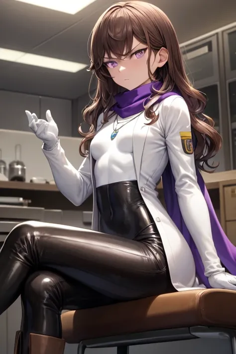 ((best quality)), ((masterpiece)), (detailed), 1 girl, young adult, purple eyes, serious face, long blue scarf, brown hair, long hair, wavy hair, bangs, brown necklace, somewhat short, very thin, brown necklace, somewhat short, very thin, latex gloves, sma...