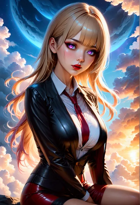 (masterpiece, aesthetic, detailed eyes, realistic), 1girl, mahiru shiina, angel next door spoils me rotten, Long smooth straight golden color hair, gradient eyes from red to violet, large bust, large hips, slim waist, sitting in suit, super detail, ultra s...